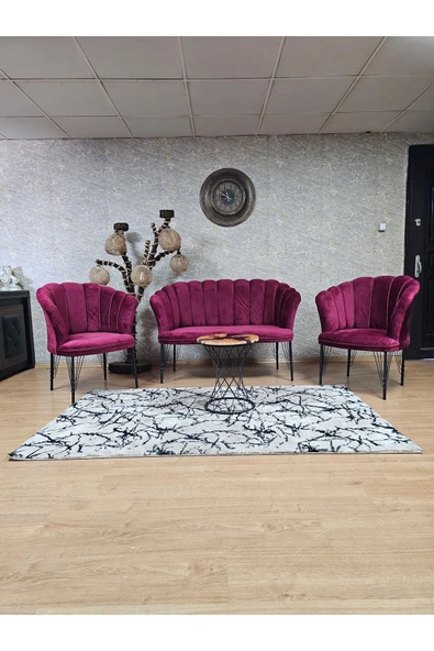Siyah Boyalı Tel Ayak Bordo Döşeme Papatya Çay Seti Koltuk Takımı , Balkon, Salon, Ofis, Cafe Koltuk Takımı ürün görseli 1