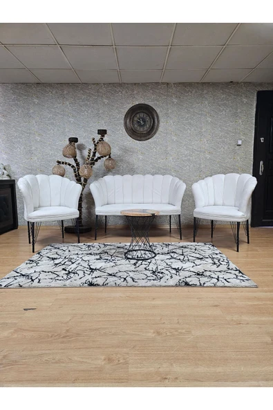 Siyah Boyalı Tel Ayak Krem Döşeme Papatya Çay Seti Koltuk Takımı , Balkon, Salon, Ofis, Cafe Koltuk Takımı ürün görseli 1