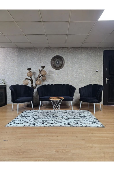 Beyaz Boyalı Sivriltme Ayak Siyah Döşeme Papatya Çay Seti Koltuk Takımı , Balkon, Salon, Ofis, Cafe Koltuk Takımı ürün görseli 1