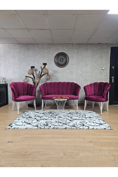 Beyaz Boyalı Tel Ayak Bordo Döşeme Papatya Çay Seti Koltuk Takımı , Balkon, Salon, Ofis, Cafe Koltuk Takımı ürün görseli 1