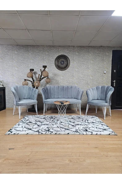 Beyaz Boyalı Tel Ayak Gri Döşeme Papatya Çay Seti Koltuk Takımı , Balkon, Salon, Ofis, Cafe Koltuk Takımı ürün görseli 1