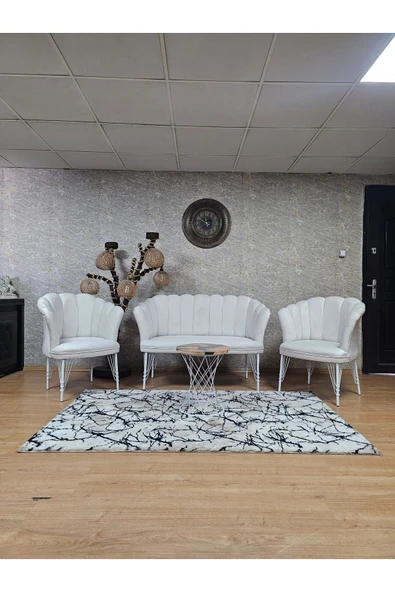 Beyaz Boyalı Tel Ayak Krem Döşeme Papatya Çay Seti Koltuk Takımı , Balkon, Salon, Ofis, Cafe Koltuk Takımı ürün görseli 1