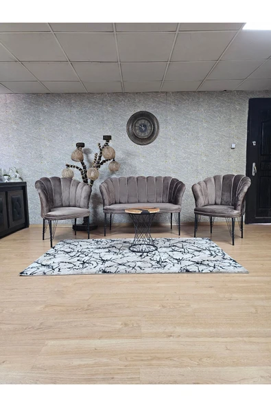 Siyah Boyalı Tel Ayak Kahverengi Döşeme Papatya Çay Seti Koltuk Takımı , Balkon, Salon, Ofis, Cafe Koltuk Takımı ürün görseli 1
