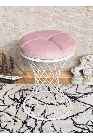 Yuvarlak Beyaz Boyalı Pota -Pembe Babyface Kumaş  Puf , Bench , Puf Oturak , Bench , Ayak Ucu Oturak , Tabure , Makyaj Oturak ürün görseli 1