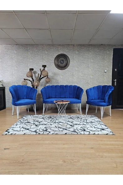 Beyaz Boyalı Tel Ayak Mavi Döşeme Papatya Çay Seti Koltuk Takımı , Balkon, Salon, Ofis, Cafe Koltuk Takımı ürün görseli 1