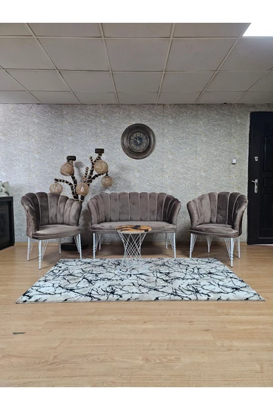Beyaz Boyalı Tel Ayak Kahverengi Döşeme Papatya Çay Seti Koltuk Takımı , Balkon, Salon, Ofis, Cafe Koltuk Takımı ürün görseli 1