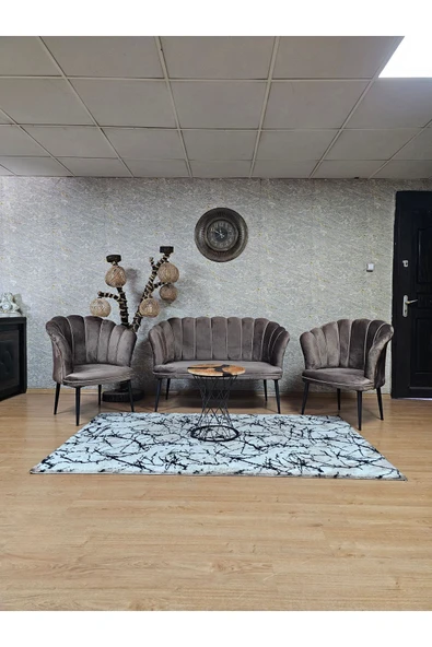 Siyah Boyalı Sivriltme Ayak Kahverengi Döşeme Papatya Çay Seti Koltuk Takımı , Balkon, Salon, Ofis, Cafe Koltuk Takımı ürün görseli 1