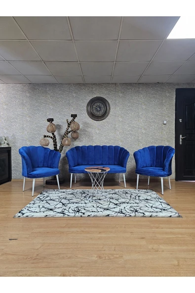 Beyaz Boyalı Sivriltme Ayak Mavi Döşeme Papatya Çay Seti Koltuk Takımı , Balkon, Salon, Ofis, Cafe Koltuk Takımı ürün görseli 1
