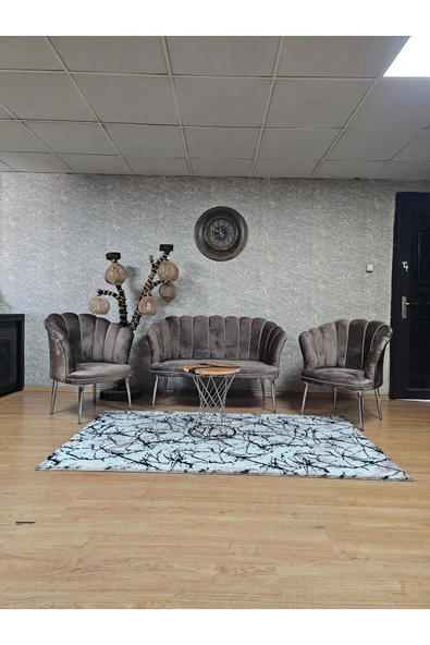 Siyah Boyalı Sivriltme Ayak Kahverengi Döşeme Papatya Çay Seti Koltuk Takımı , Balkon, Salon, Ofis, Cafe Koltuk Takımı ürün görseli 1