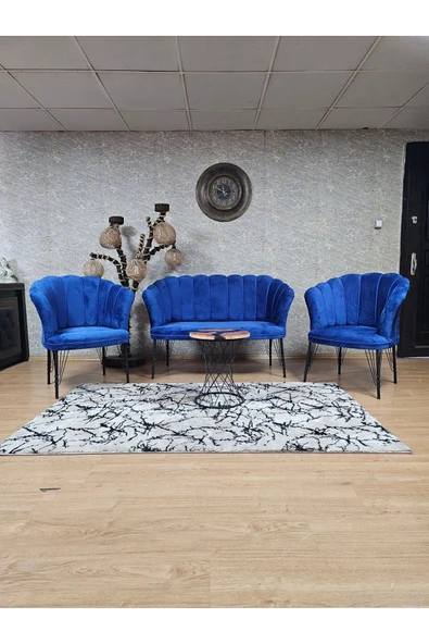 Siyah Boyalı Tel Ayak Mavi Döşeme Papatya Çay Seti Koltuk Takımı , Balkon, Salon, Ofis, Cafe Koltuk Takımı ürün görseli 1