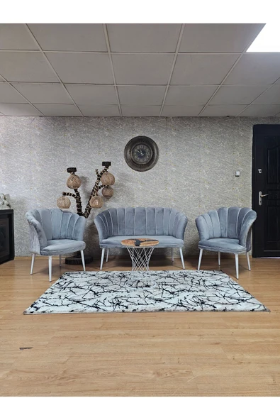 Beyaz Boyalı Sivriltme Ayak Gri Döşeme Papatya Çay Seti Koltuk Takımı , Balkon, Salon, Ofis, Cafe Koltuk Takımı ürün görseli 1