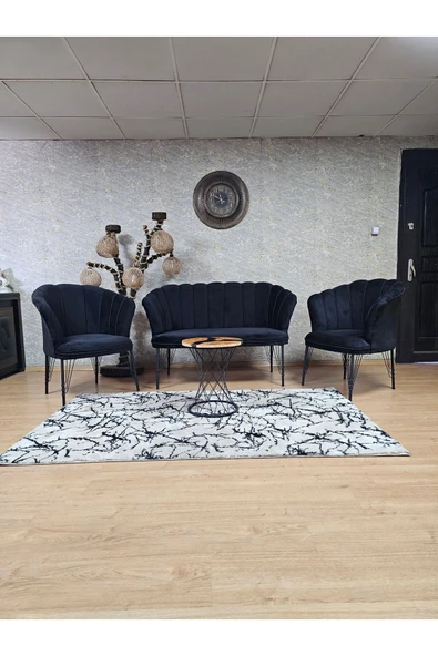 Siyah Boyalı Tel Ayak Siyah Döşeme Papatya Çay Seti Koltuk Takımı , Balkon, Salon, Ofis, Cafe Koltuk Takımı ürün görseli 1