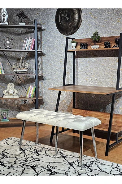 Krom Metal Yeşil Oturaklı Sivriltme Ayaklı Babyface Puf & Bench & Oturak KREM Renk 100 x 40 Boyut/Ebat ürün görseli 1