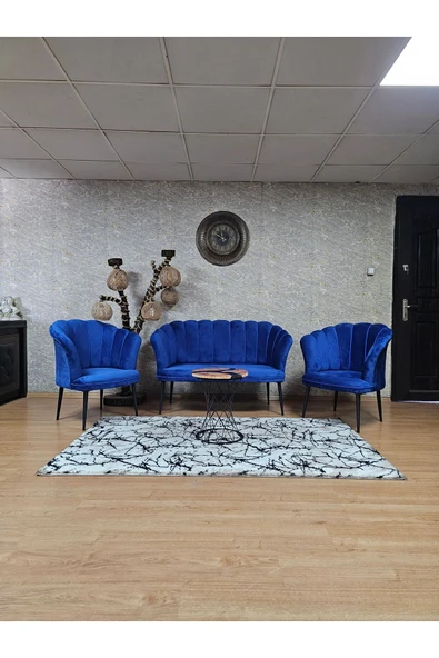Siyah Boyalı Sivriltme Ayak Mavi Döşeme Papatya Çay Seti Koltuk Takımı , Balkon, Salon, Ofis, Cafe Koltuk Takımı ürün görseli 1