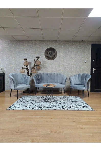 Siyah Boyalı Sivriltme Ayak Gri Döşeme Papatya Çay Seti Koltuk Takımı , Balkon, Salon, Ofis, Cafe Koltuk Takımı ürün görseli 1