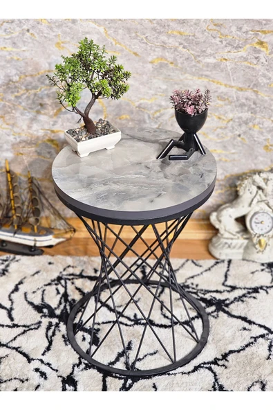 Siyah Boyalı Pota 34 cm Suntalem Tablalı  Sehpa -  Marmol Suntalem Sehpa - Ahşap Sehpa - Zigon Sehpa ürün görseli 1