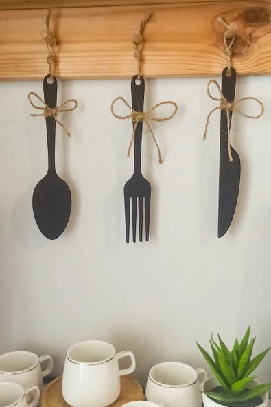 3 Parça Dekoratif Ahşap Çatal-Kaşık-Bıçak Seti Mutfak, Kahve Köşesi, Raf, Askı Süsü, Dolap,(19 cm) ürün görseli 1