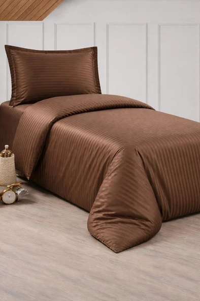 Çeyiz Diyarı Stripe Tek Kişilik PollySaten Nevresim Takımı Cappucino ürün görseli 1