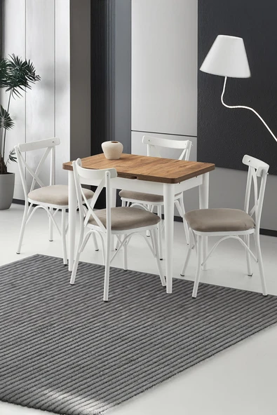 Yanlardan Açılır Yakamoz 90x60 cm Dişbudak Beyaz Etek Masa 4 Adet Çapraz Sandalye ürün görseli 1