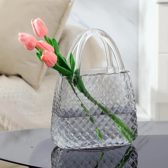 Nettenevime Çanta Vazo Cam Çiçek Vazosu Dekoratif Antrasit Vazo Büyük Boy Oval Model 1,5kg Glass Bag Vase ürün görseli 1