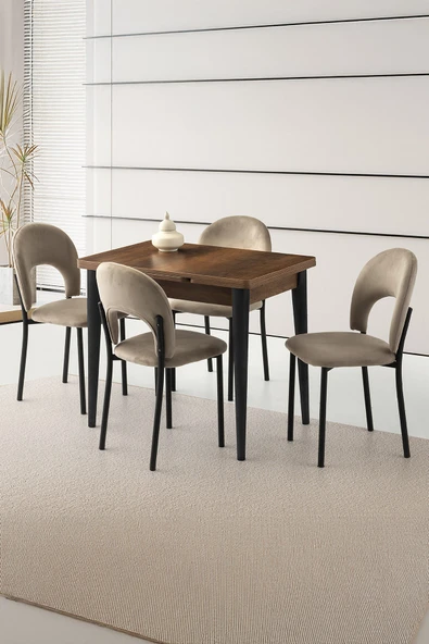 Yanlardan Açılır Yakamoz 90x60 cm Ceviz Masa 4 Adet Ay Sandalye ürün görseli 1
