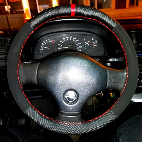 DİKİŞLİ DİREKSİYON KILIFI KARBON NUBUK DERİ KIRMIZI YÜZÜK KIRMIZI DİKİŞLİ OPEL VECTRA A İÇİN ürün görseli 1