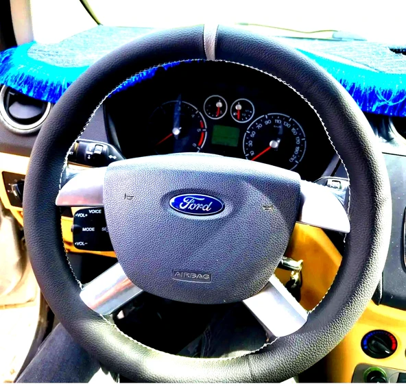 DİKİŞLİ DİREKSİYON KILIFI SİYAH DERİ GRİ YÜZÜK GRİ DİKİŞLİ FORD CONNECT İÇİN ürün görseli 1