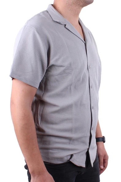 Dagoster DMG23-199598 Gri Ottoman Örme Apaj Yaka Oversize Kalıp Kısa Kol Erkek Gömlek ürün görseli 1