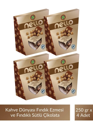 Kahve Dünyası Nello Fındık Ezmesi ve Bütün Fındıklı Sütlü Çikolata 250 gr x 4 Adet ürün görseli 1