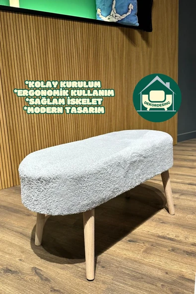 DEKOR MOBİLYACIM Paris Retro Ahşap Ayaklı Geniş Oturum Alanlı Oval Bench Puf Gri ürün görseli 1