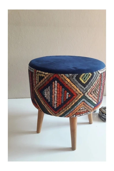 DEKOR MOBİLYACIM Retro Gürgen Ahşap Ayaklı Dekoratif Etnik Üst Lacivert Desenli Silindir Puf Bench ürün görseli 1