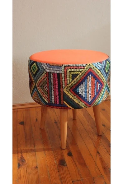 DEKOR MOBİLYACIM dekor mobilyacım Retro Gürgen Ahşap Ayaklı Dekoratif Etnik Üst Kiremit Desenli Silindir Puf Bench ürün görseli 1