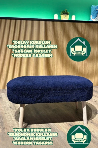 DEKOR MOBİLYACIM KOPYA - Paris Retro Ahşap Ayaklı Geniş Oturum Alanlı Oval Bench Puf Lacivert ürün görseli 1