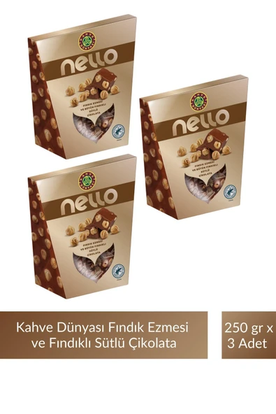 Kahve Dünyası Nello Fındık Ezmesi ve Bütün Fındıklı Sütlü Çikolata 250 gr x 3 Adet ürün görseli 1