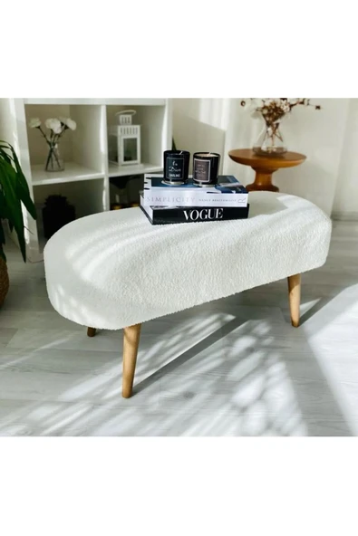 DEKOR MOBİLYACIM Geniş Oturum Alanlı Oval Bench Puf Beyaz PELUŞ  Kumaş kedi pufu   kedi oturağı ürün görseli 1