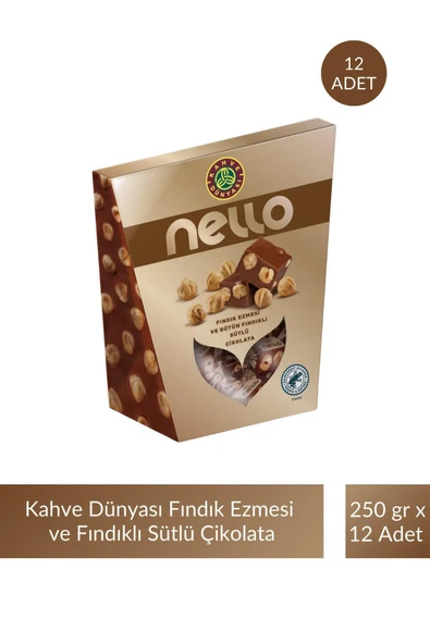 Kahve Dünyası Nello Fındık Ezmesi ve Bütün Fındıklı Sütlü Çikolata 250 gr x 12 Adet ürün görseli 1