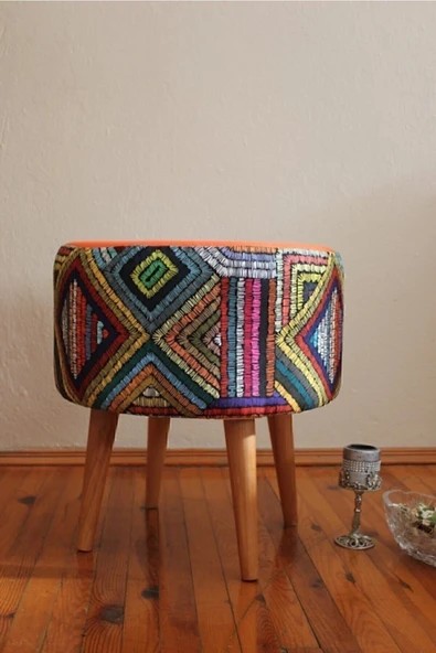DEKOR MOBİLYACIM Retro Gürgen Ahşap Ayaklı Dekoratif Etnik Üst Kiremit Desenli Silindir Puf Bench ürün görseli 1