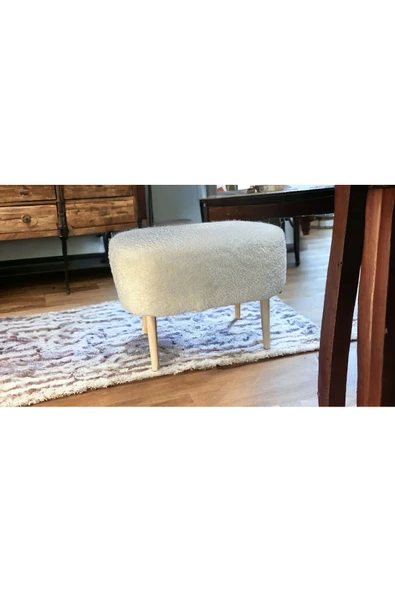 DEKOR MOBİLYACIM Gürgen ahşap kırık beyaz pofidik teddy oval puf ürün görseli 1