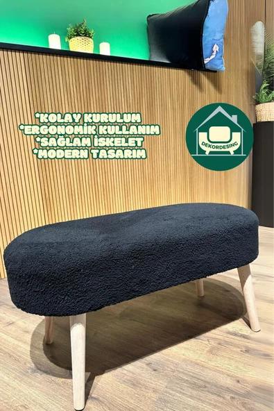 DEKOR MOBİLYACIM KOPYA - Paris Retro Ahşap Ayaklı Geniş Oturum Alanlı Oval Bench Puf Siyah ürün görseli 1