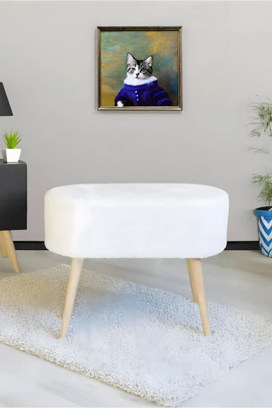 DEKOR MOBİLYACIM Gürgen Ahşap Ayak Kırık Beyaz Pofidik Teddy Lüx Handmade Oval Puf Bench Sandalye ürün görseli 1