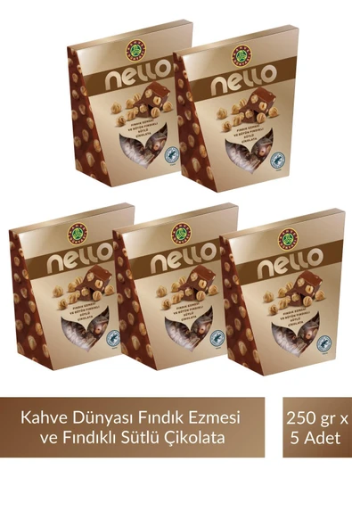 Kahve Dünyası Nello Fındık Ezmesi ve Bütün Fındıklı Sütlü Çikolata 250 gr x 5 Adet ürün görseli 1