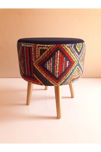 DEKOR MOBİLYACIM Gürgen Retro Ahşap Ayaklı Dekoratif Etnik Üst Lacivert Desenli Silindir Puf Bench Koltuk Sandalye ürün görseli 1