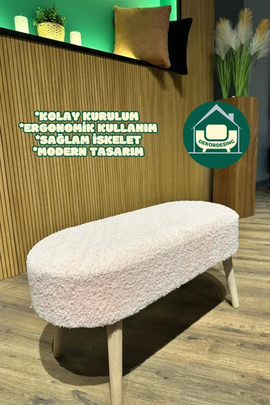 DEKOR MOBİLYACIM Paris Retro Ahşap Ayaklı Geniş Oturum Alanlı Oval Bench Puf Pembe ürün görseli 1