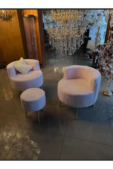 DEKOR MOBİLYACIM Çay seti ikili koltuk ve puf takımı 3'lü takım berjer puf peluş ürün görseli 1