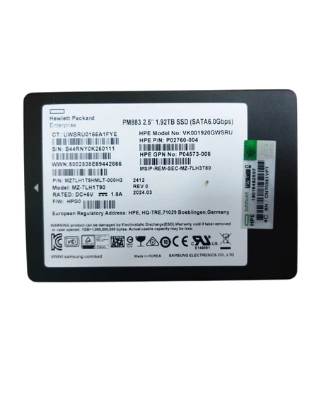 HPE PM883 1.92TB 6G Sata 2.5" Server Sunucu SSD MZ-7LH1T90 MZ27LH1T9HMLT-000H3 VK001920GWSRU P02760-004 P04573-006 ürün görseli 1