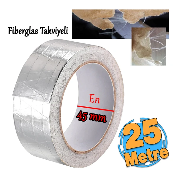 Yapışkanlı Fiberglas Lif Takviyeli Alüminyum Folyo Bant 45 mm x 25 Metre Yanmaz Soba Borusu Bandı ürün görseli 1