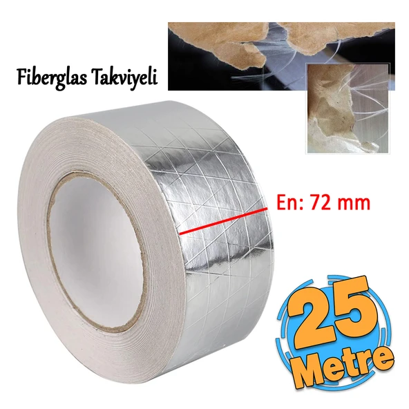 Yapışkanlı Fiberglas Lif Takviyeli Alüminyum Folyo Bant 45 mm x 25 Metre Yanmaz Soba Borusu Bandı ürün görseli 1