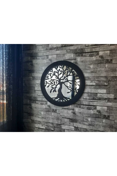Mry Ahsap Aynalı Hayat Ağacı Siyah Hediye Duvar Dekorasyon Yatak Odası Banyo Oturma Odası Giriş 50x50 ürün görseli 1