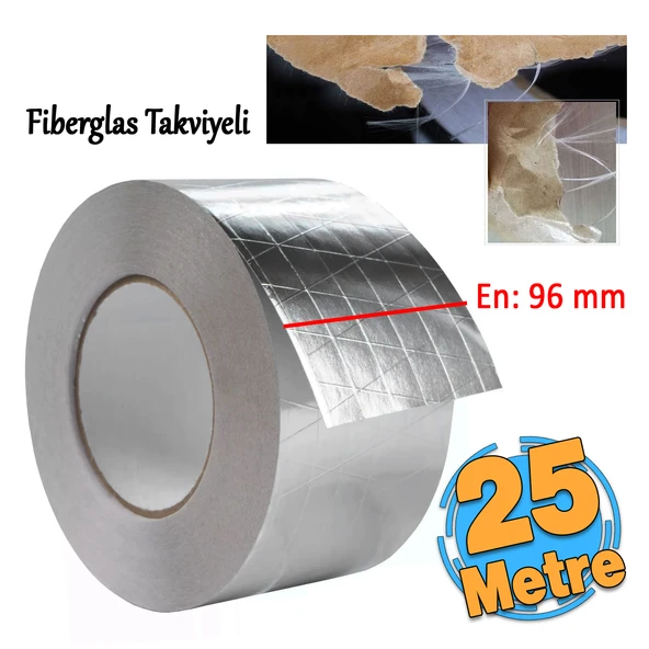 Yapışkanlı Fiberglas Lif Takviyeli Alüminyum Folyo Bant 96 mm x 25 Metre Yanmaz Yalıtım Bandı ürün görseli 1