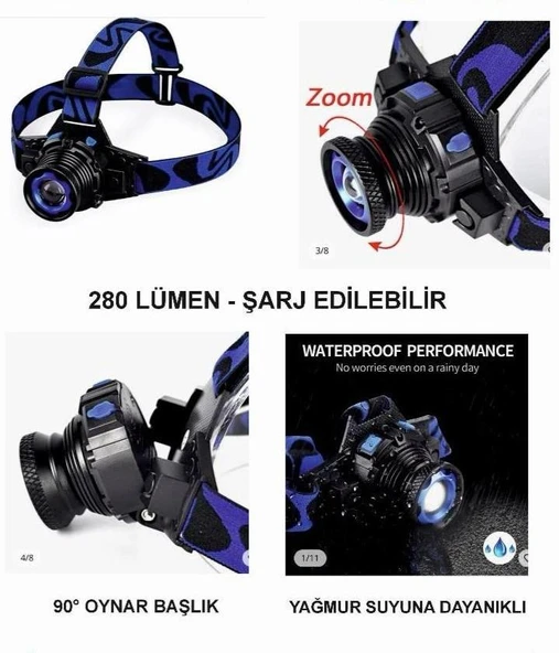 Focus Kafa Lambası 280 Lümen Şarjlı Su Geçirmez Zoomlu ürün görseli 1